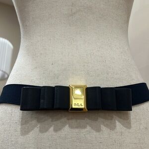 Lauren Ralph Lauren navy blue leather bow front belt stretchy gold plated logo